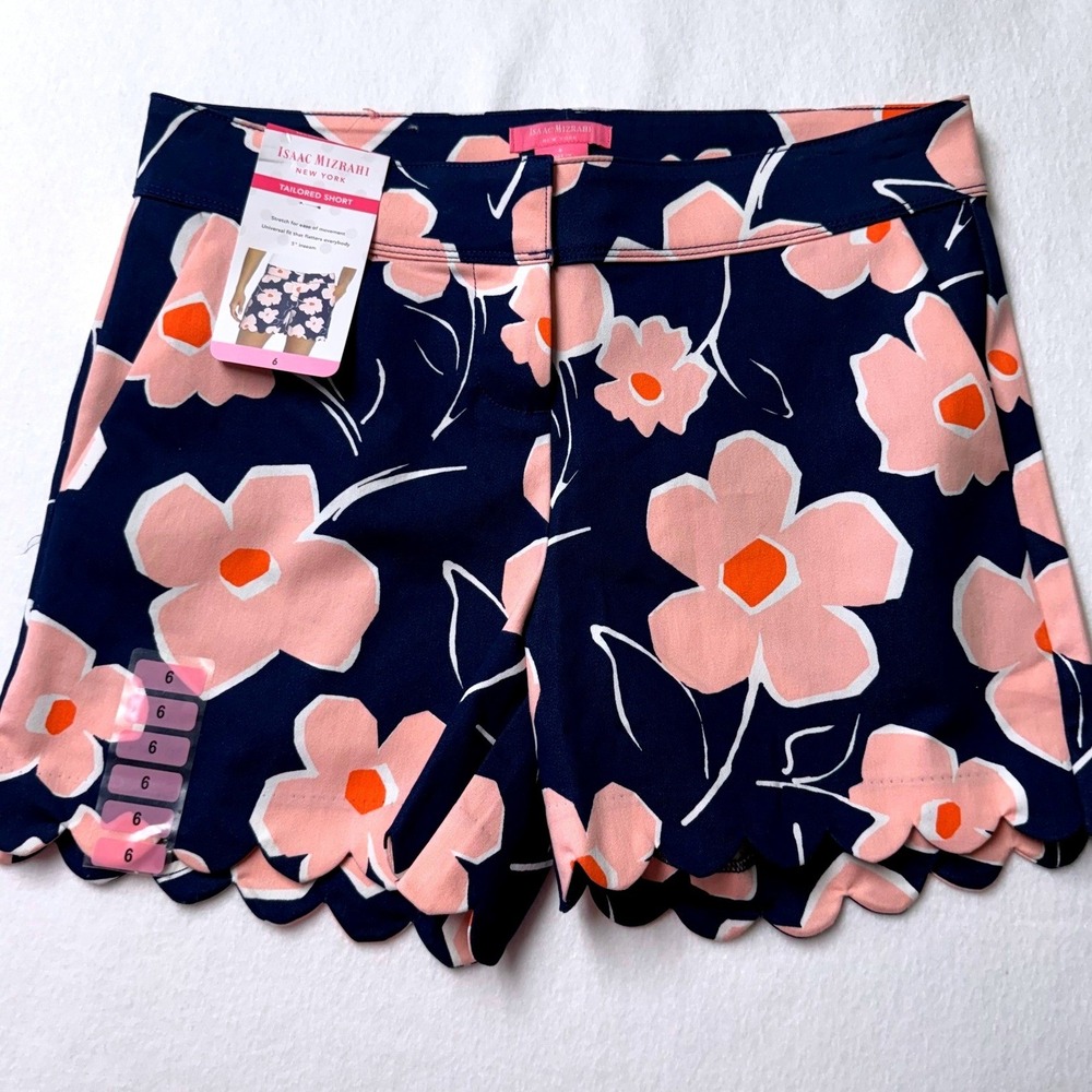 Isaac Mizrahi New York Womens Navy Pink Floral Scalloped Tailored Shorts Size 6